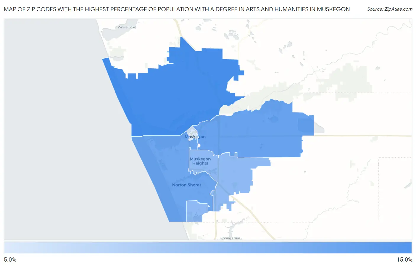 Zip Codes with the Highest Percentage of Population with a Degree in Arts and Humanities in Muskegon Map