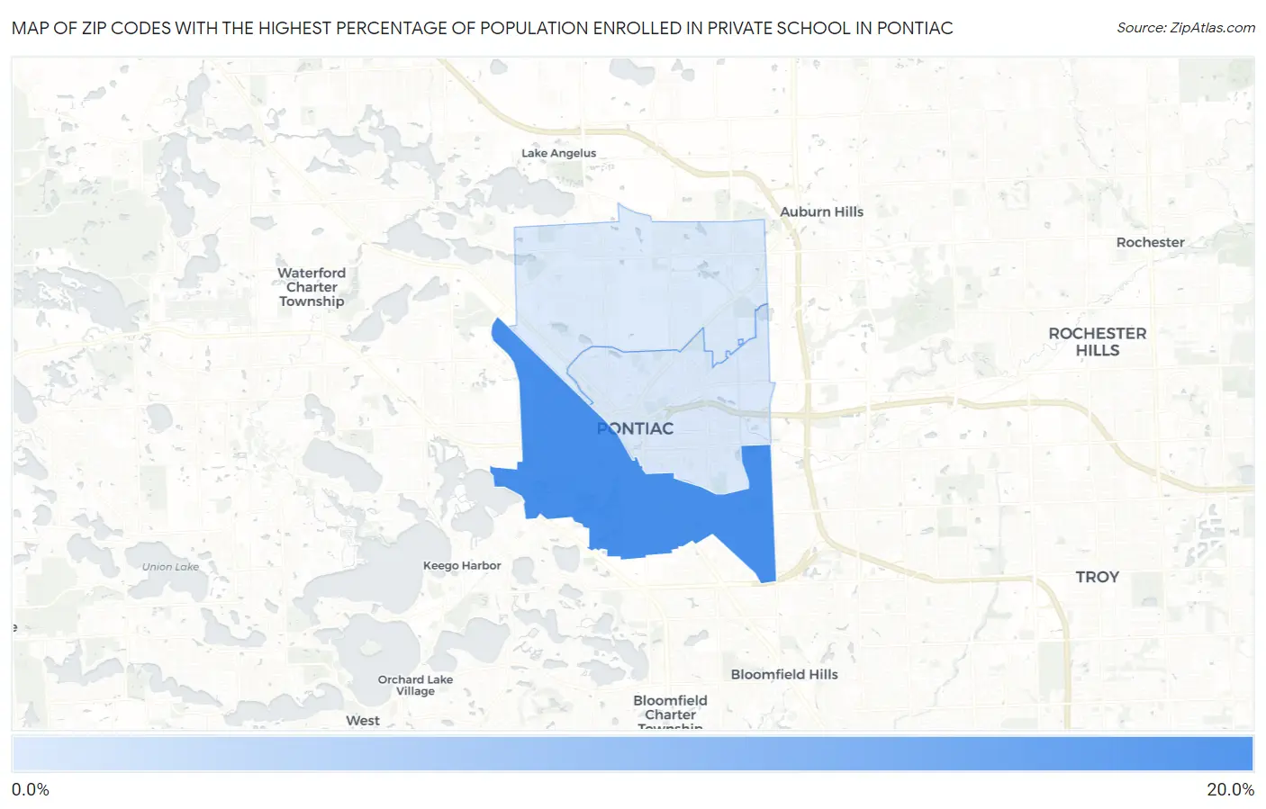 Zip Codes with the Highest Percentage of Population Enrolled in Private School in Pontiac Map