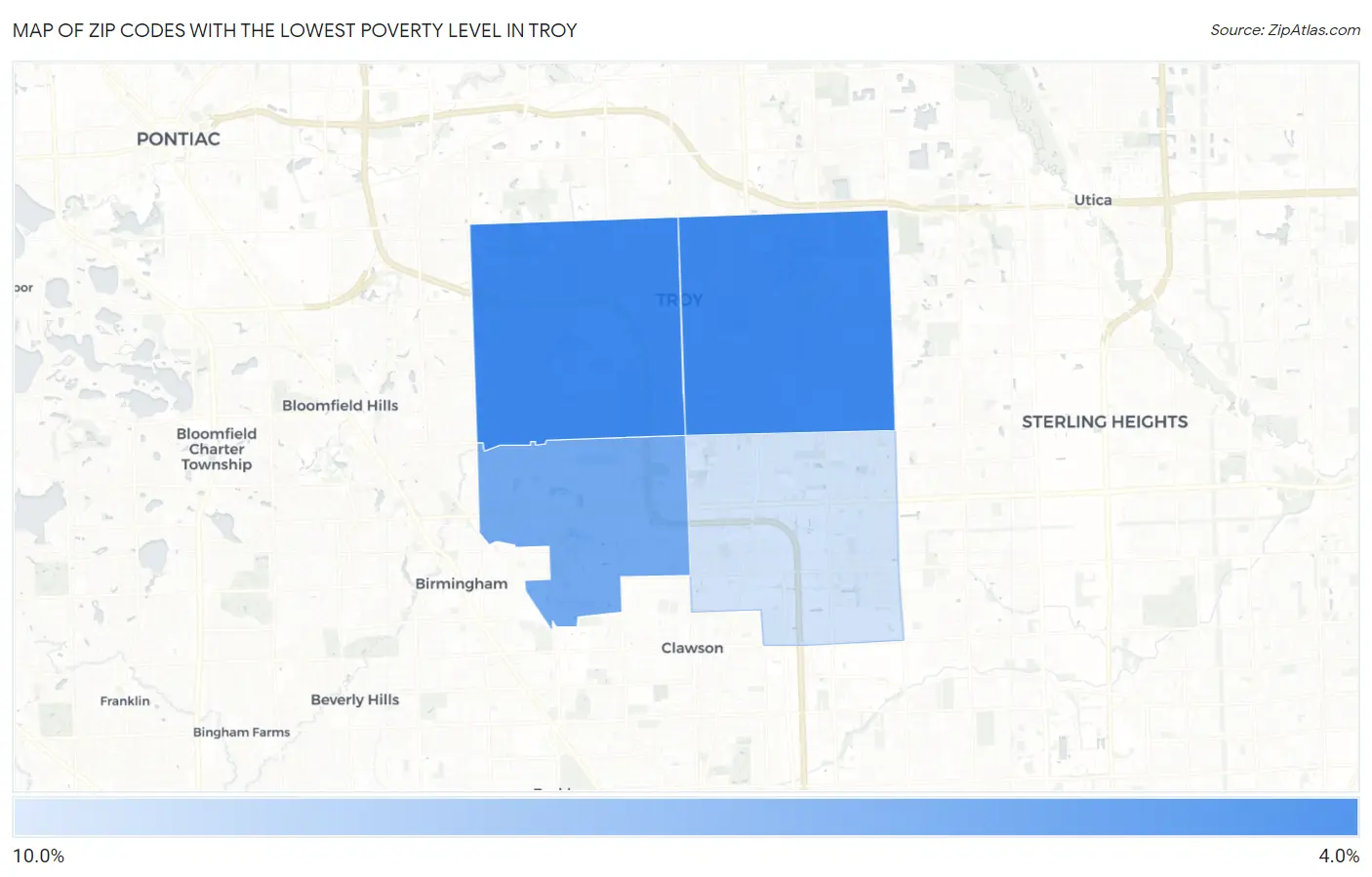 Zip Codes with the Lowest Poverty Level in Troy Map