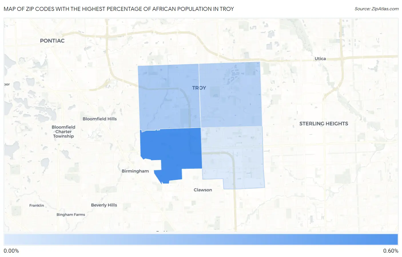 Zip Codes with the Highest Percentage of African Population in Troy Map