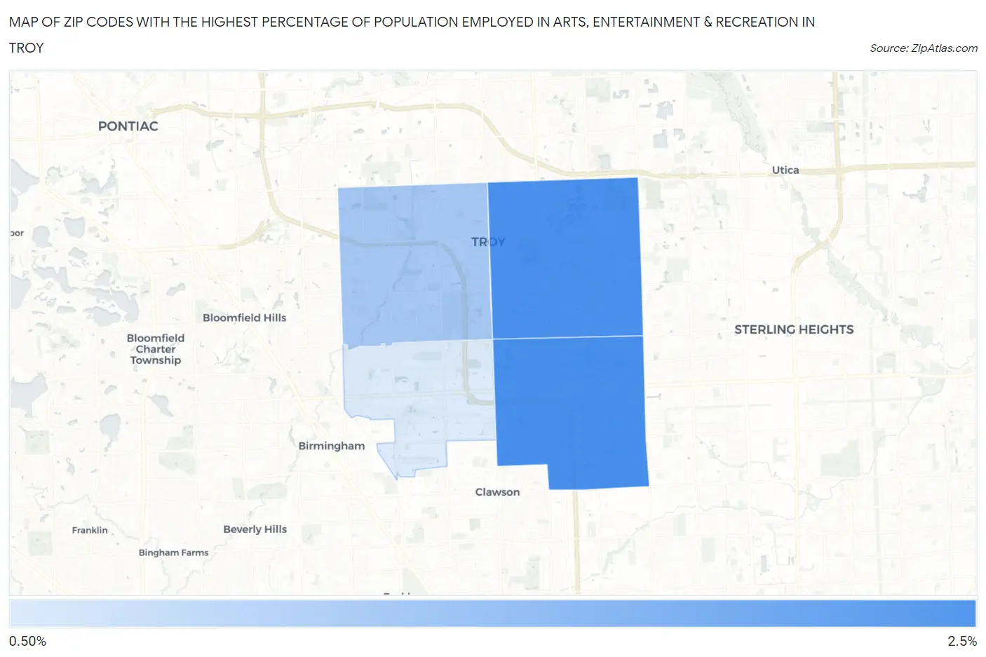 Zip Codes with the Highest Percentage of Population Employed in Arts, Entertainment & Recreation in Troy Map