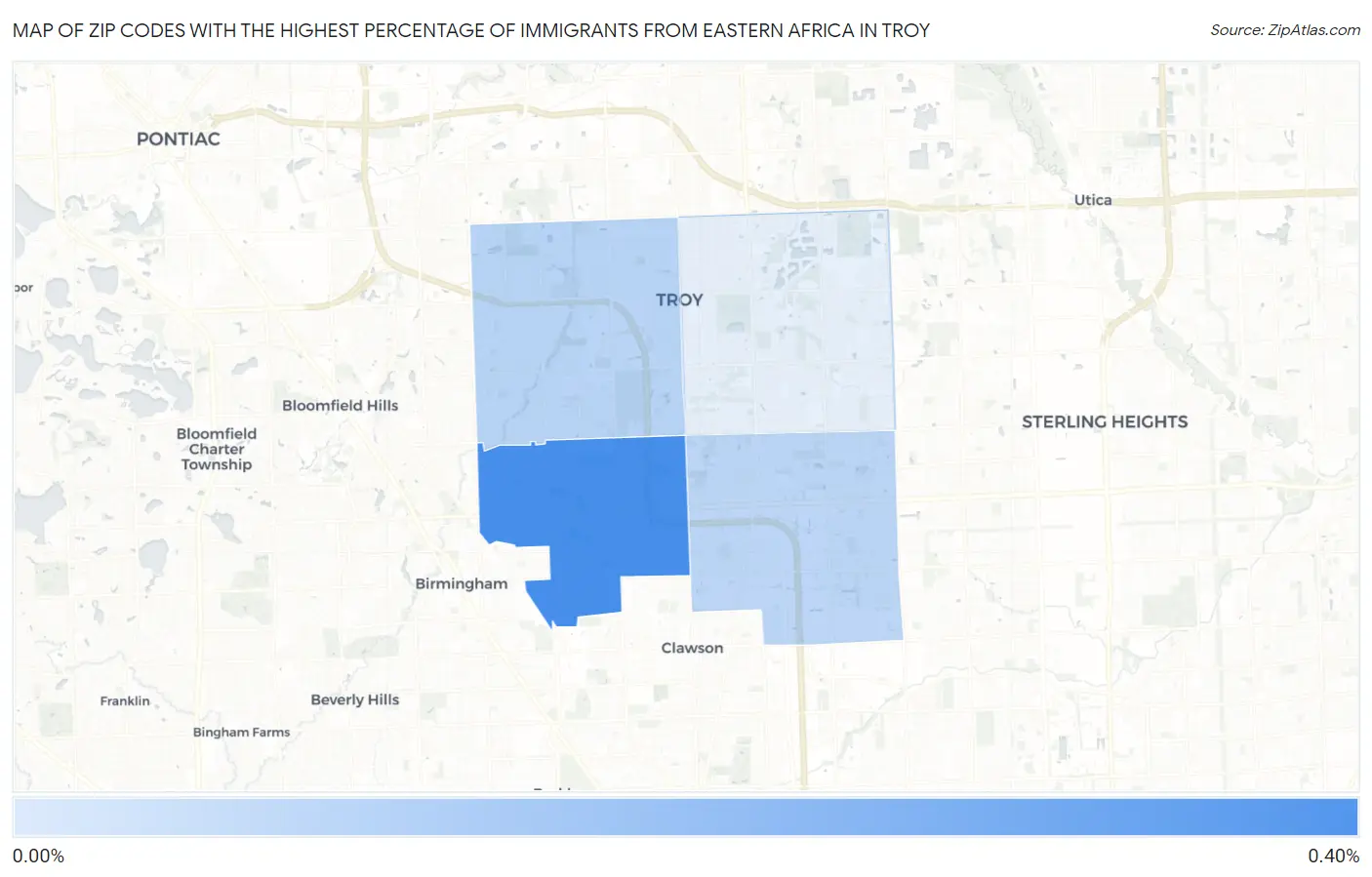 Zip Codes with the Highest Percentage of Immigrants from Eastern Africa in Troy Map