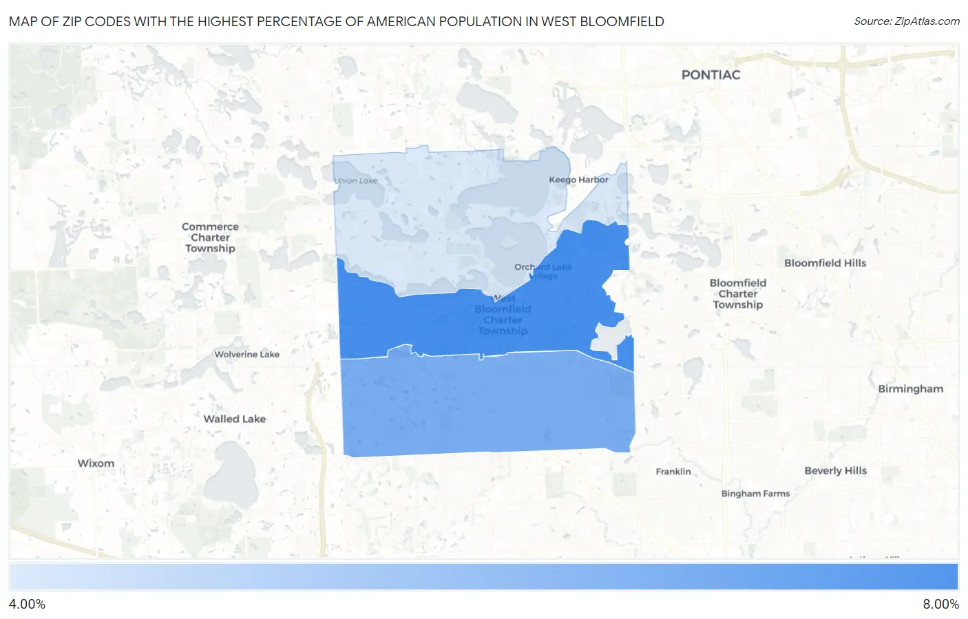 Zip Codes with the Highest Percentage of American Population in West Bloomfield Map