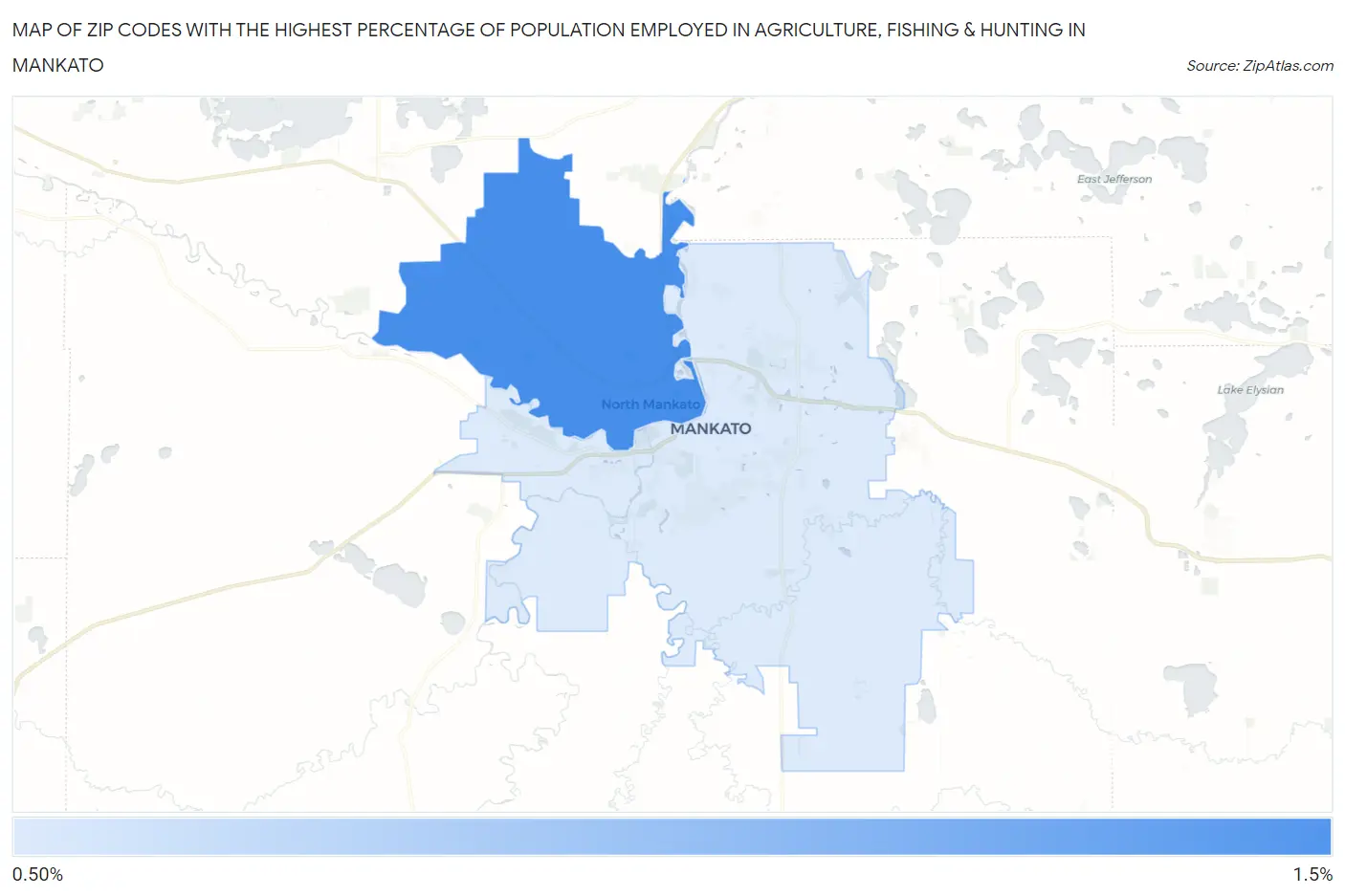 Zip Codes with the Highest Percentage of Population Employed in Agriculture, Fishing & Hunting in Mankato Map