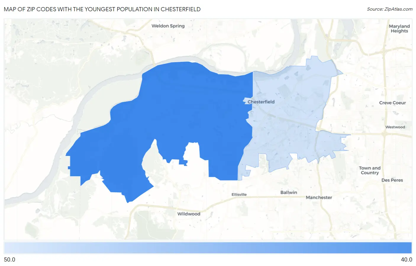 Zip Codes with the Youngest Population in Chesterfield Map