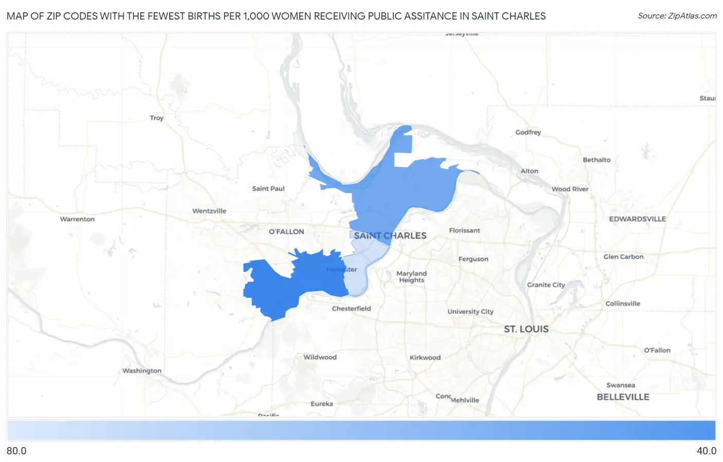 Zip Codes with the Fewest Births per 1,000 Women Receiving Public Assitance in Saint Charles Map