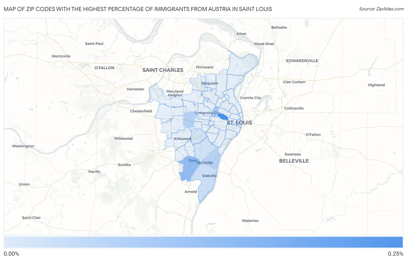 Zip Codes with the Highest Percentage of Immigrants from Austria in Saint Louis Map