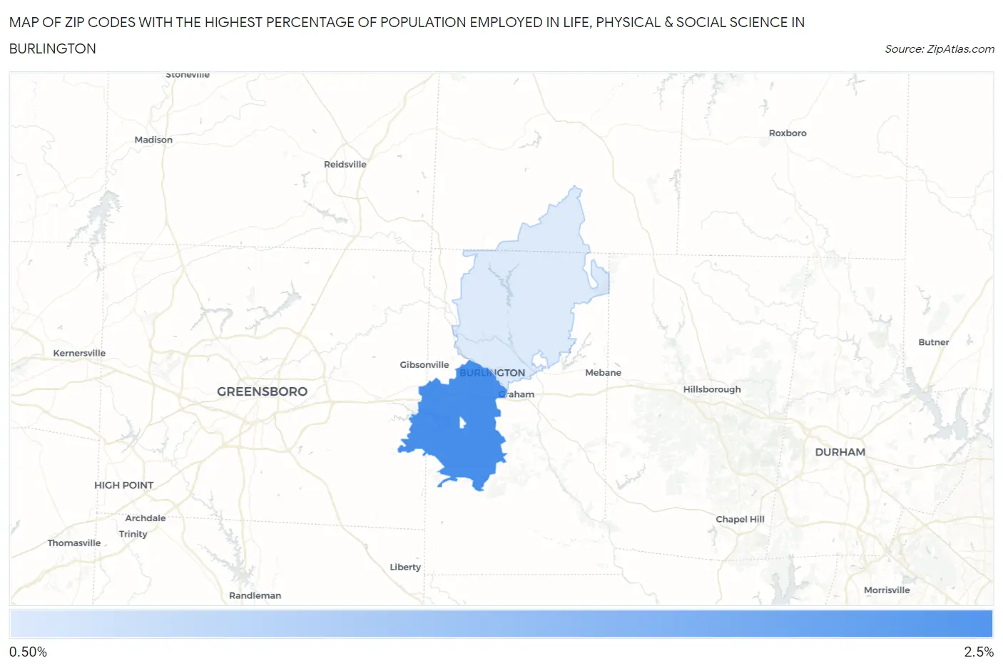 Zip Codes with the Highest Percentage of Population Employed in Life, Physical & Social Science in Burlington Map