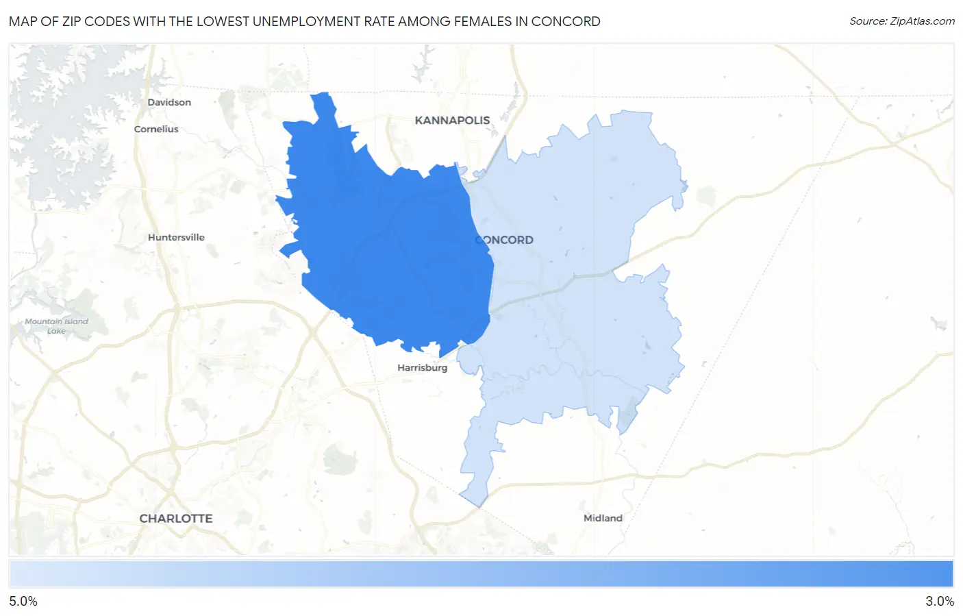 Zip Codes with the Lowest Unemployment Rate Among Females in Concord Map