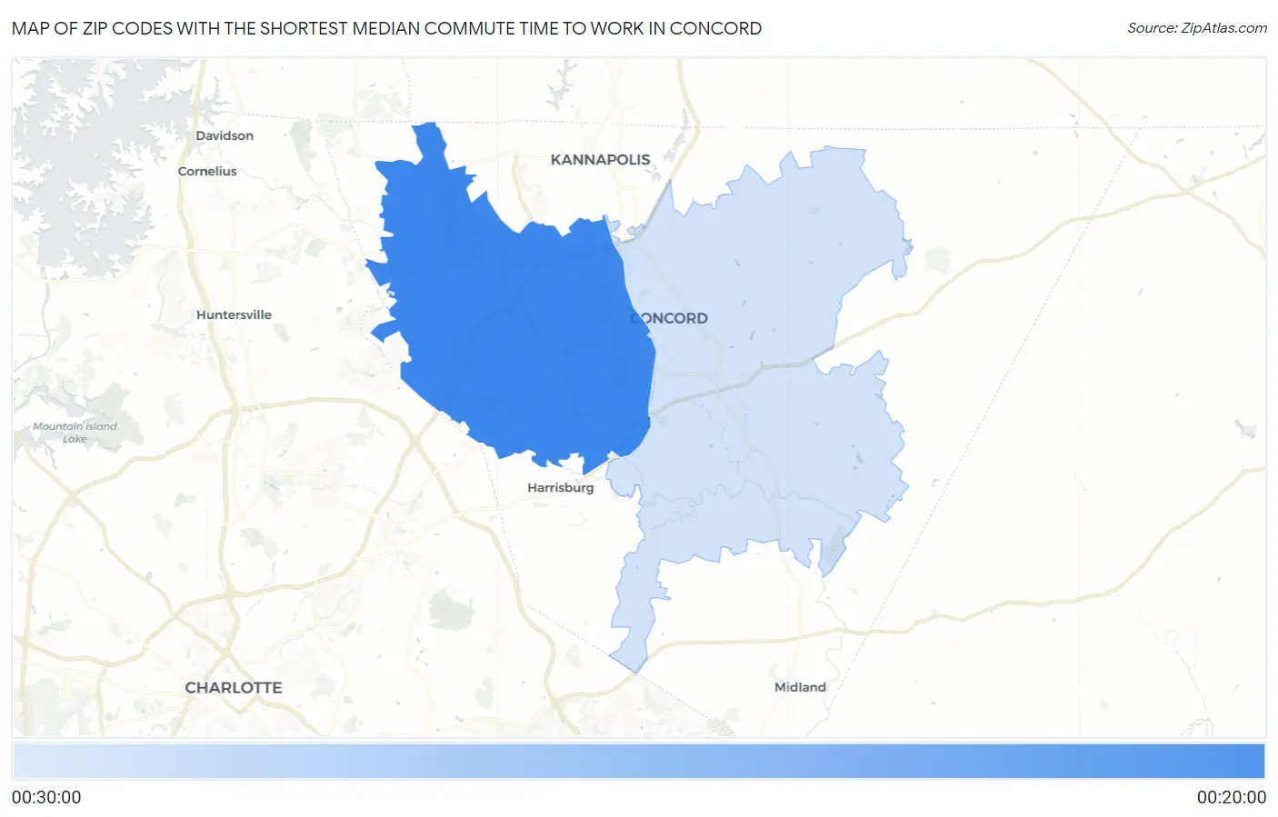 Zip Codes with the Shortest Median Commute Time to Work in Concord Map