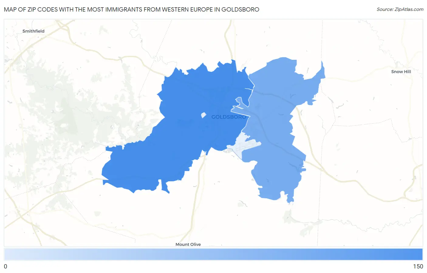 Zip Codes with the Most Immigrants from Western Europe in Goldsboro Map