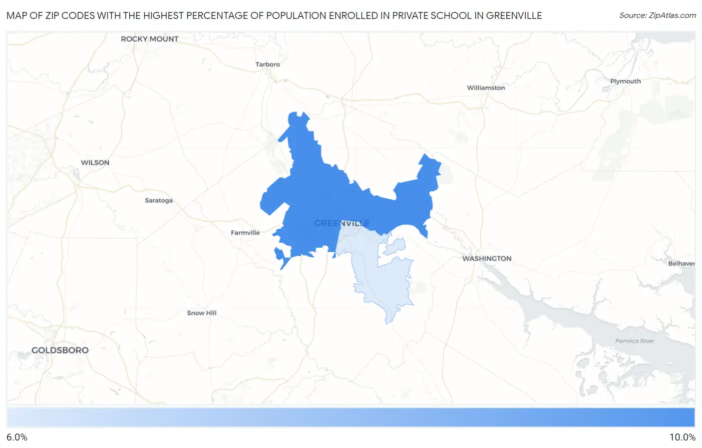 Zip Codes with the Highest Percentage of Population Enrolled in Private School in Greenville Map