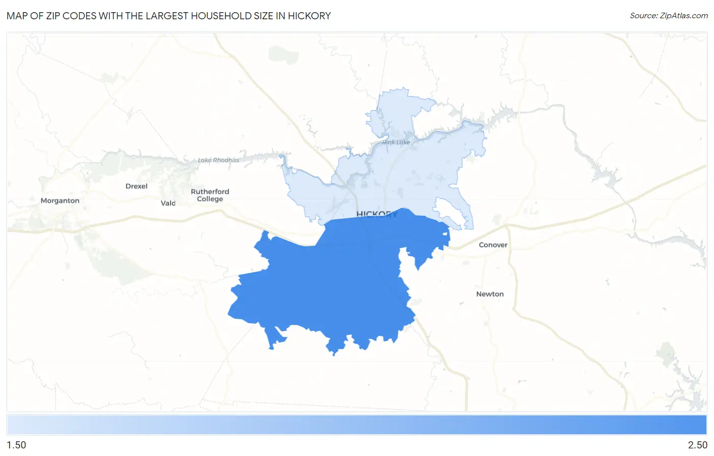 Zip Codes with the Largest Household Size in Hickory Map