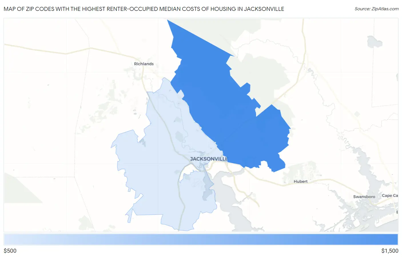 Zip Codes with the Highest Renter-Occupied Median Costs of Housing in Jacksonville Map