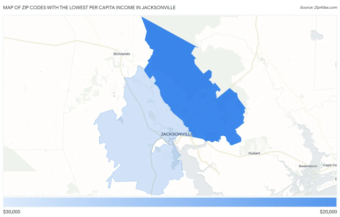 Zip Codes with the Lowest Per Capita Income in Jacksonville Map