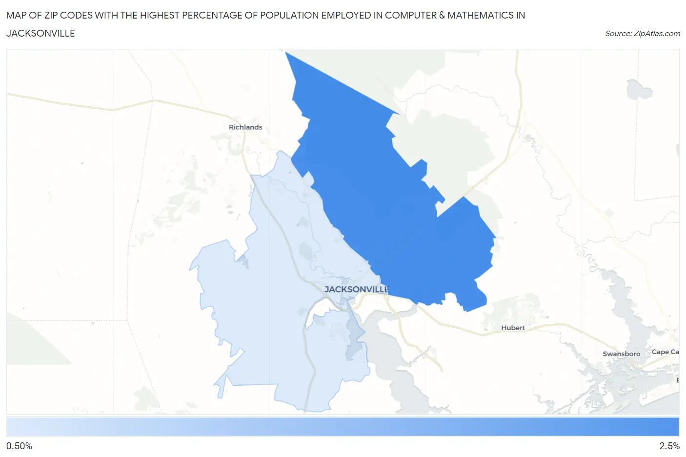 Zip Codes with the Highest Percentage of Population Employed in Computer & Mathematics in Jacksonville Map