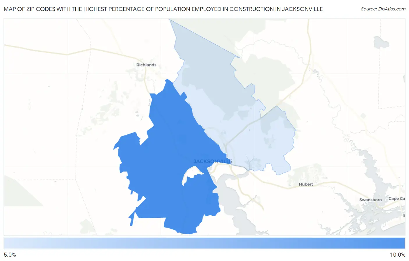 Zip Codes with the Highest Percentage of Population Employed in Construction in Jacksonville Map