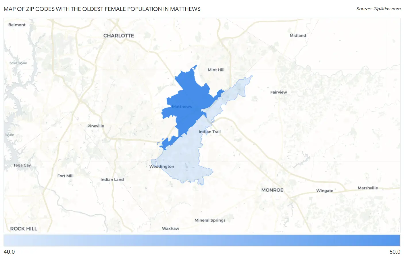 Zip Codes with the Oldest Female Population in Matthews Map