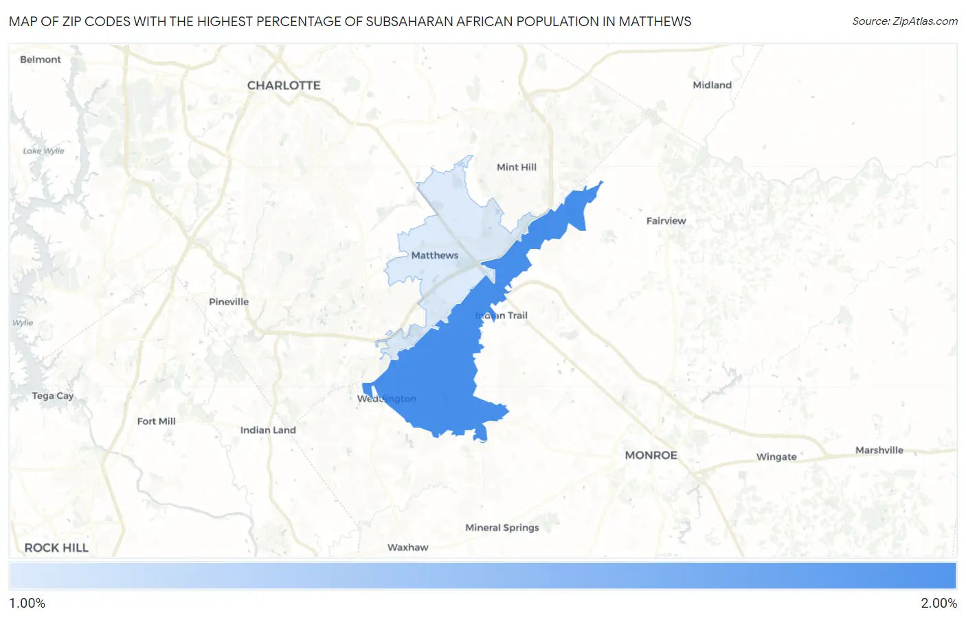 Zip Codes with the Highest Percentage of Subsaharan African Population in Matthews Map