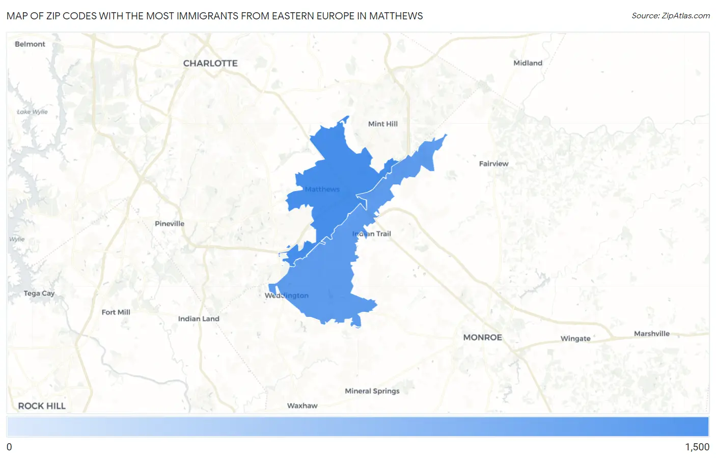 Zip Codes with the Most Immigrants from Eastern Europe in Matthews Map