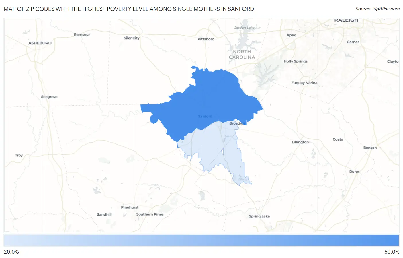 Zip Codes with the Highest Poverty Level Among Single Mothers in Sanford Map