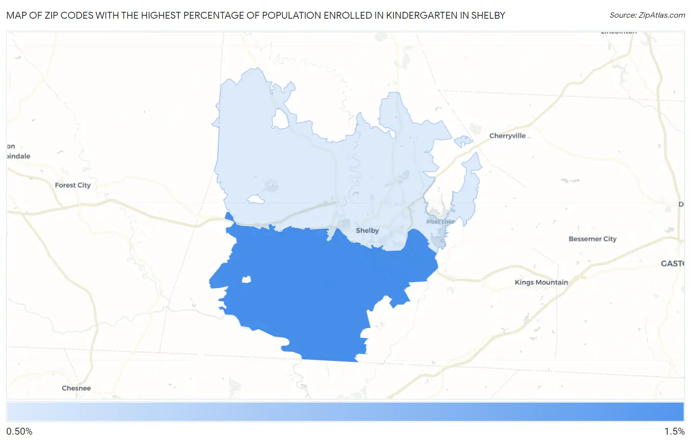 Zip Codes with the Highest Percentage of Population Enrolled in Kindergarten in Shelby Map