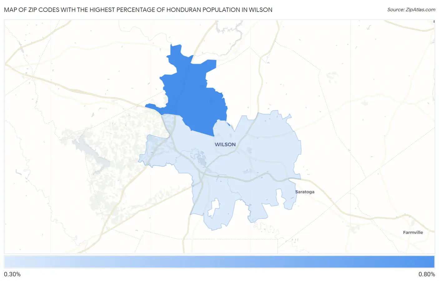 Zip Codes with the Highest Percentage of Honduran Population in Wilson Map