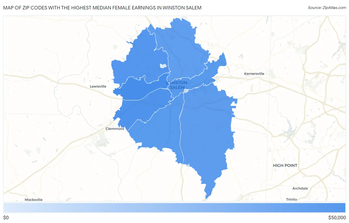 Zip Codes with the Highest Median Female Earnings in Winston Salem Map