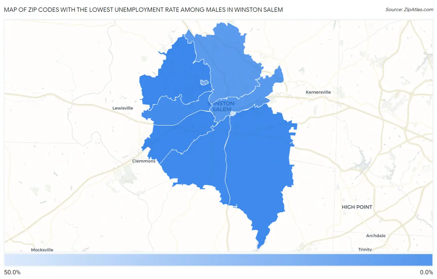 Zip Codes with the Lowest Unemployment Rate Among Males in Winston Salem Map