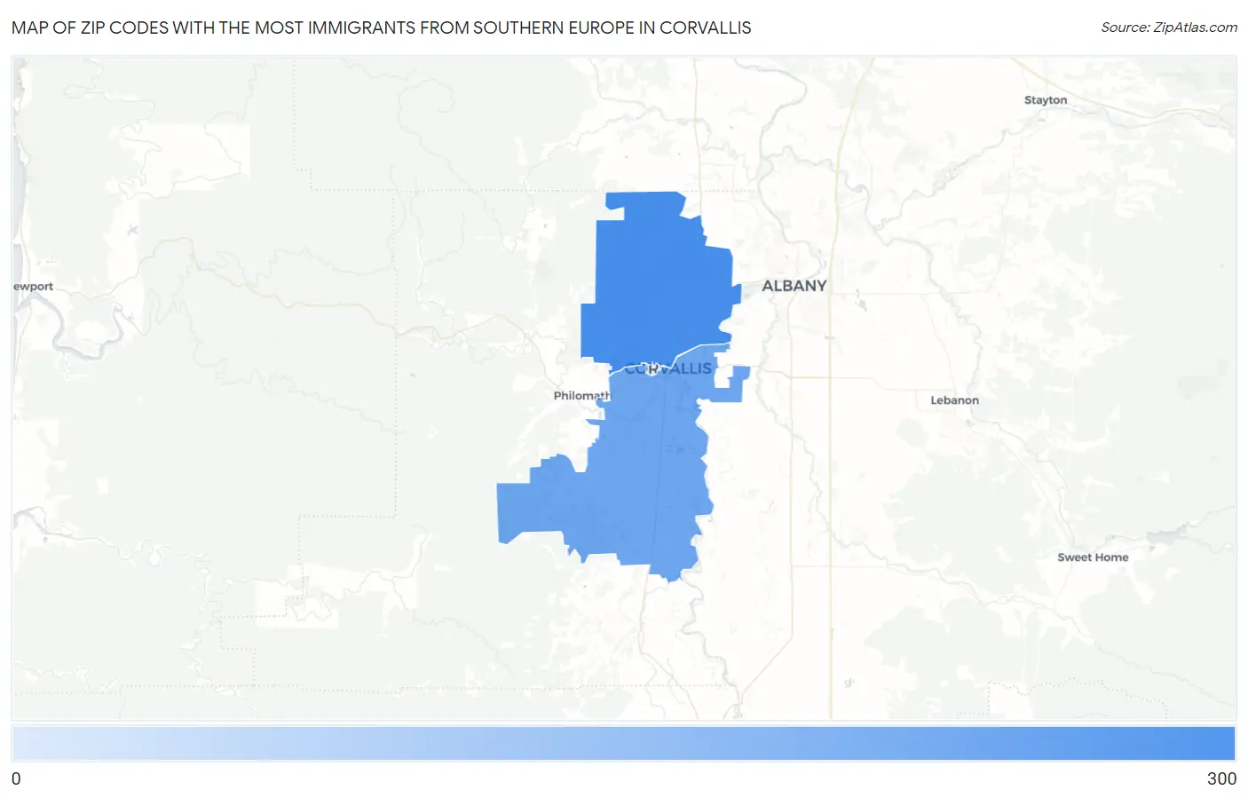 Zip Codes with the Most Immigrants from Southern Europe in Corvallis Map