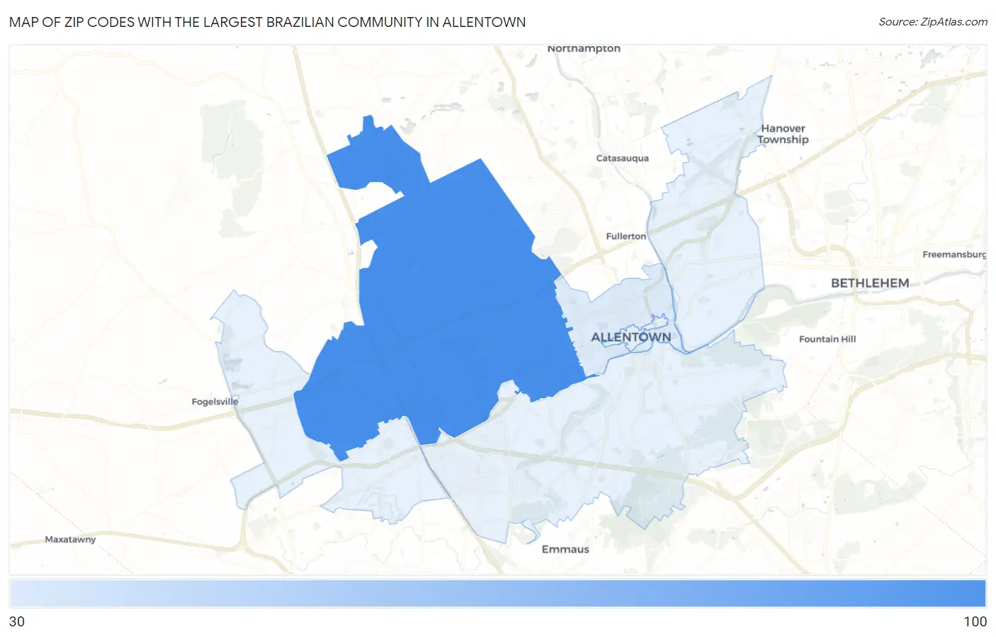 Zip Codes with the Largest Brazilian Community in Allentown Map