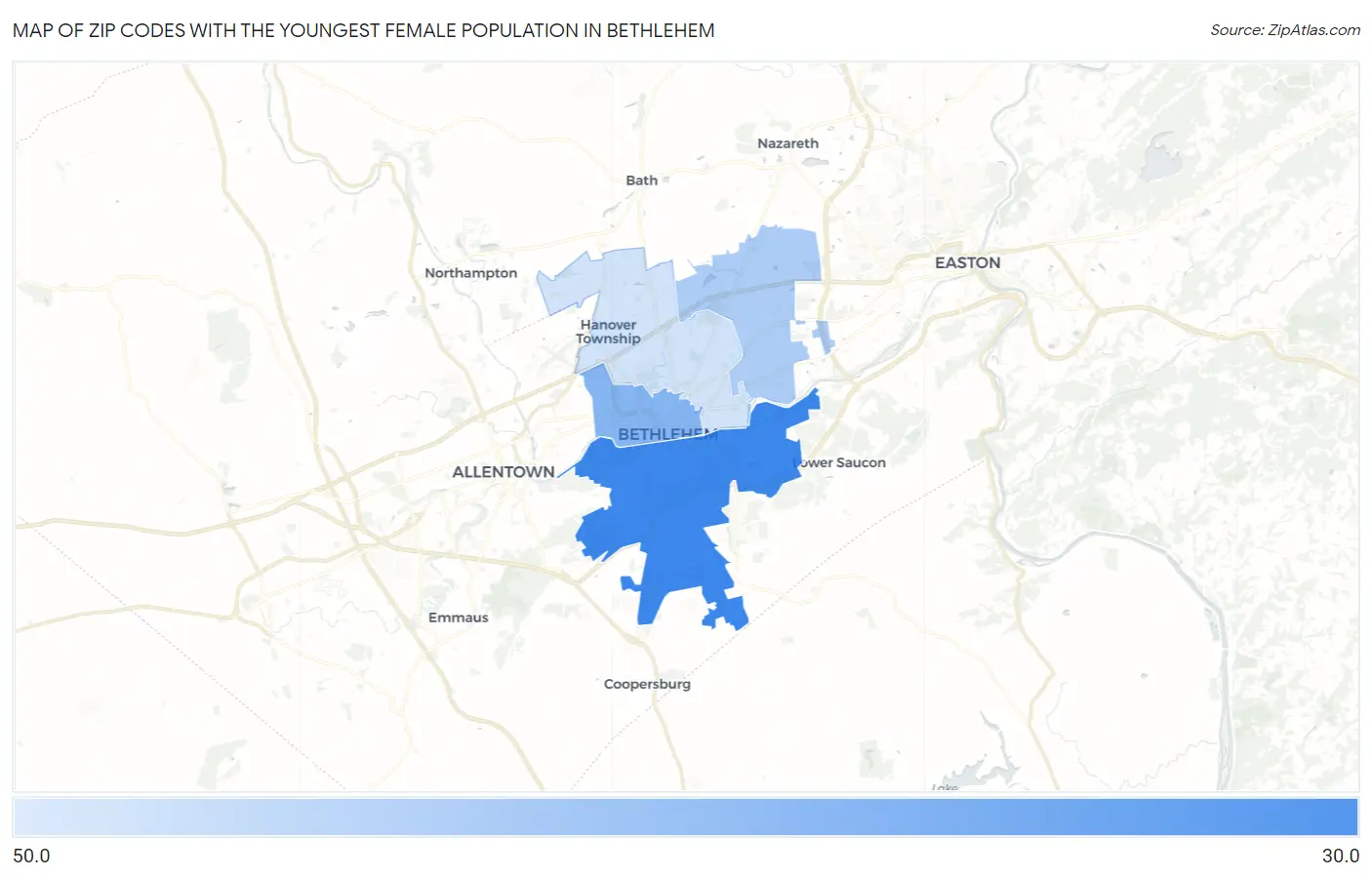 Zip Codes with the Youngest Female Population in Bethlehem Map