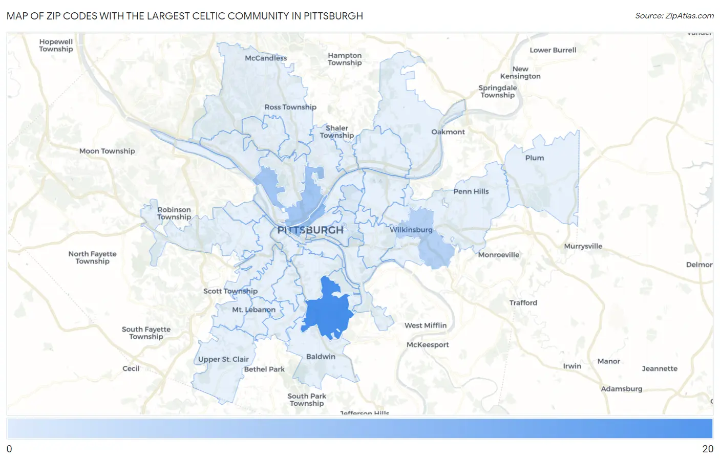 Zip Codes with the Largest Celtic Community in Pittsburgh Map