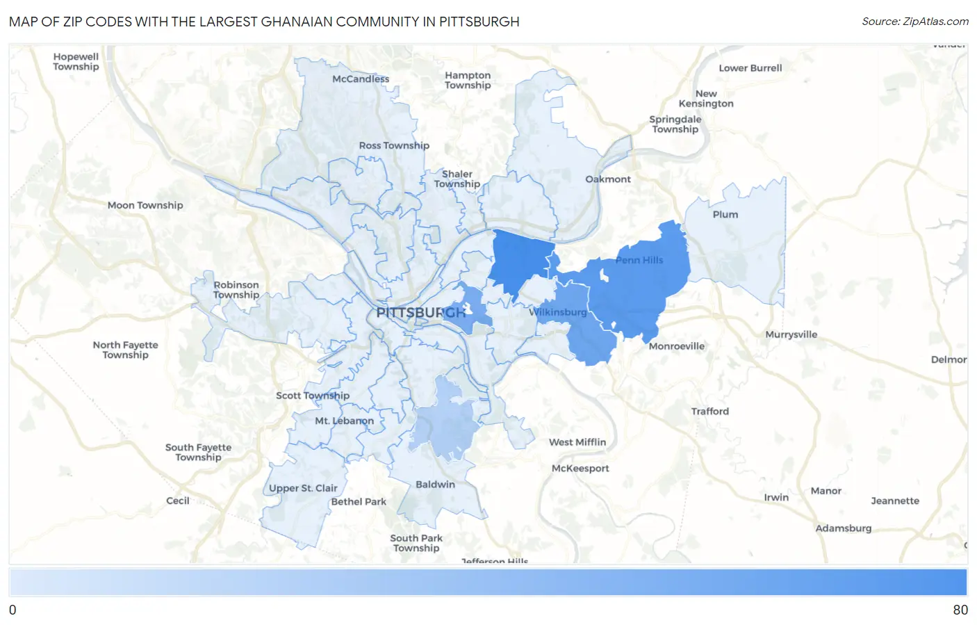 Zip Codes with the Largest Ghanaian Community in Pittsburgh Map