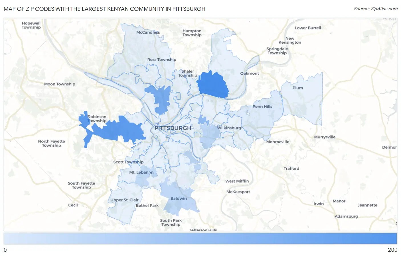 Zip Codes with the Largest Kenyan Community in Pittsburgh Map