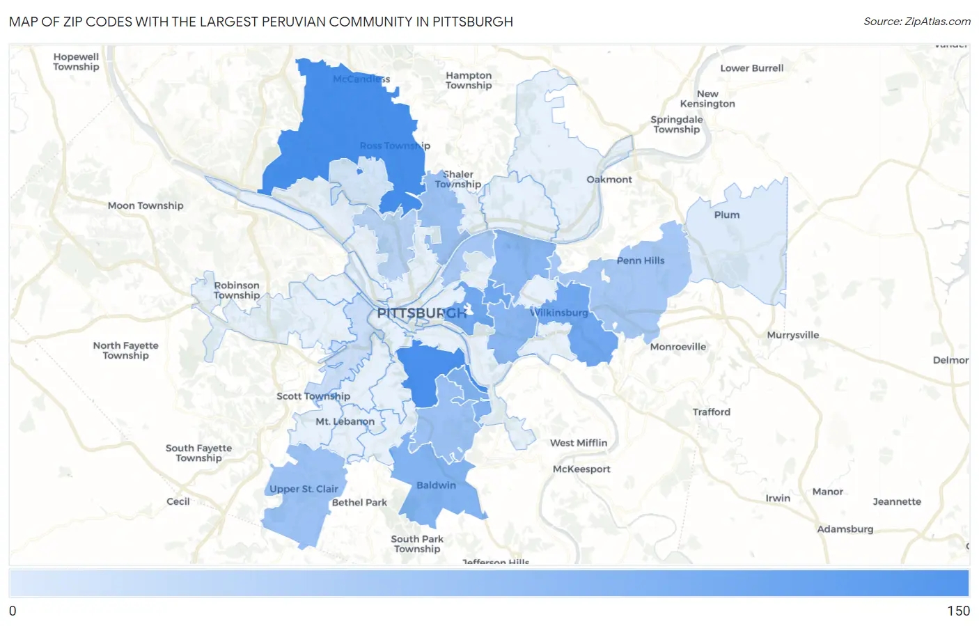 Zip Codes with the Largest Peruvian Community in Pittsburgh Map