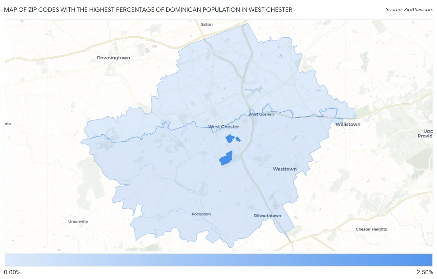 Zip Codes with the Highest Percentage of Dominican Population in West Chester Map