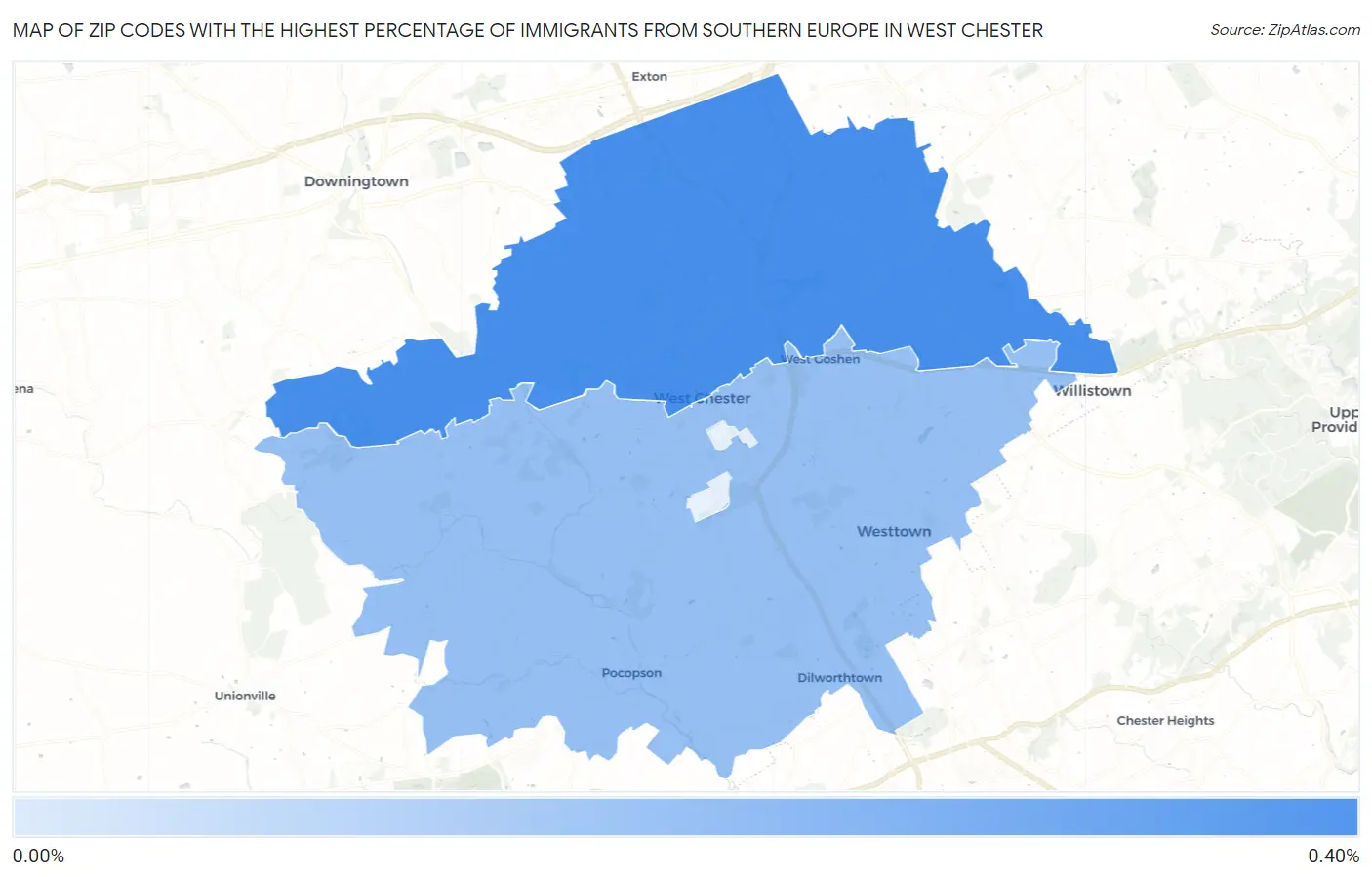 Zip Codes with the Highest Percentage of Immigrants from Southern Europe in West Chester Map