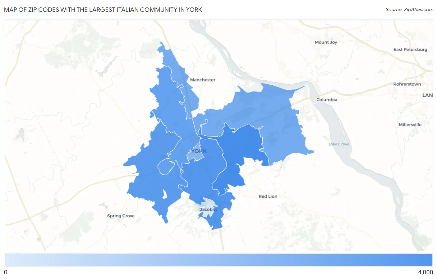 Zip Codes with the Largest Italian Community in York Map