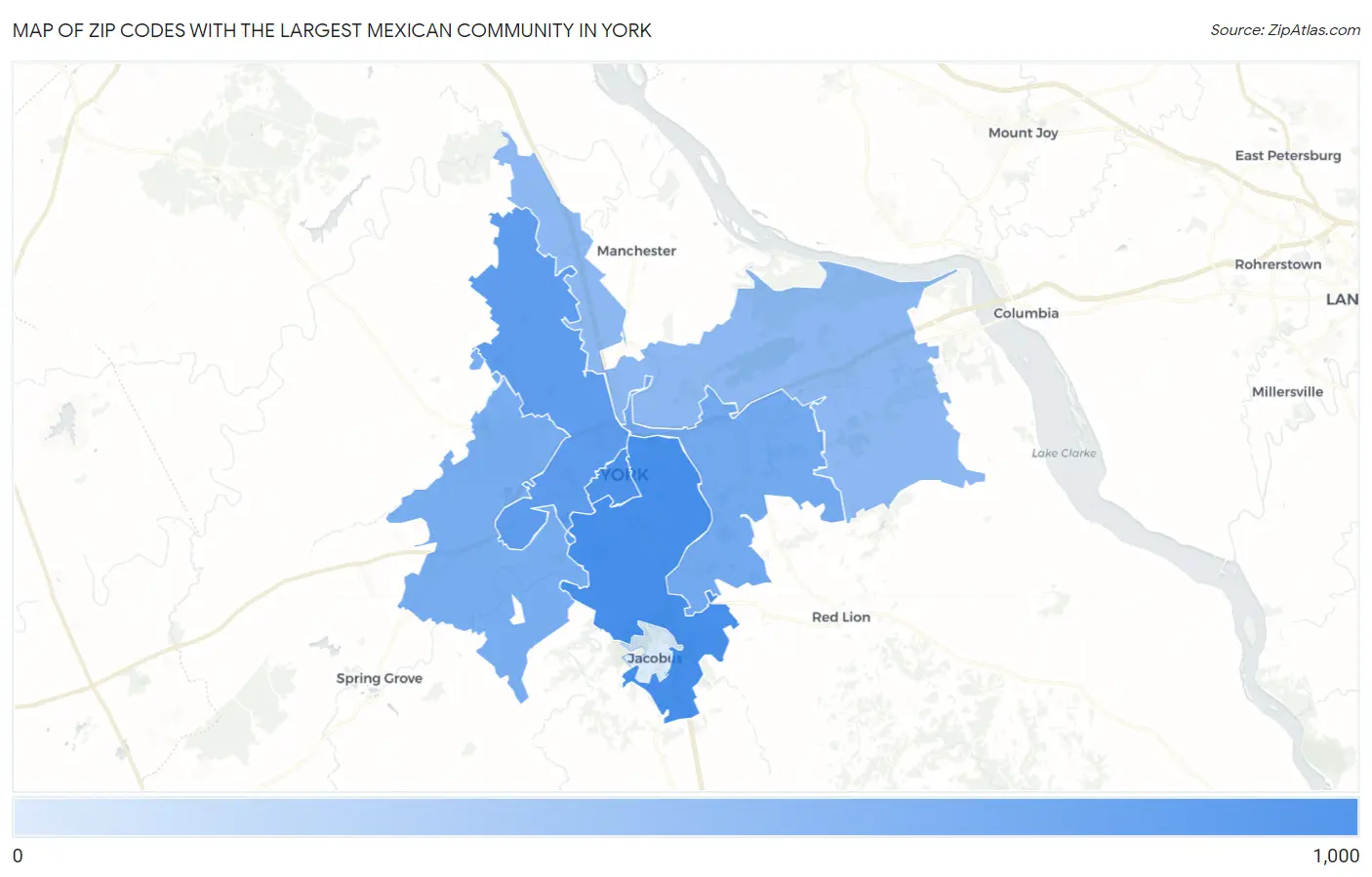 Zip Codes with the Largest Mexican Community in York Map