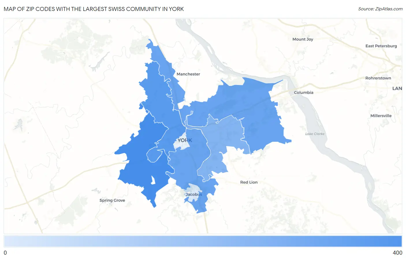 Zip Codes with the Largest Swiss Community in York Map