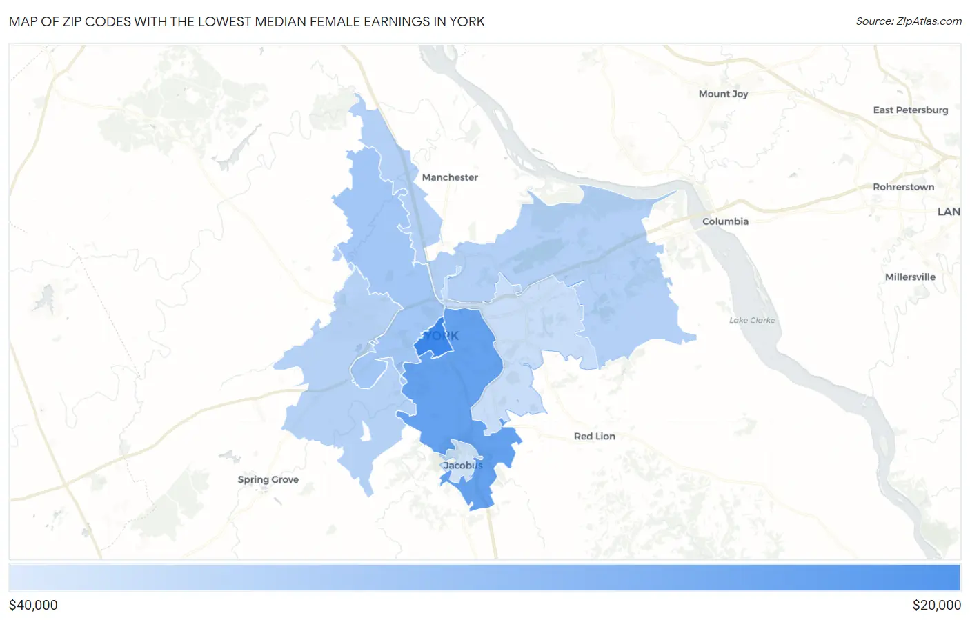 Zip Codes with the Lowest Median Female Earnings in York Map