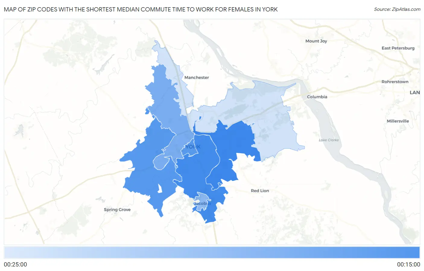 Zip Codes with the Shortest Median Commute Time to Work for Females in York Map