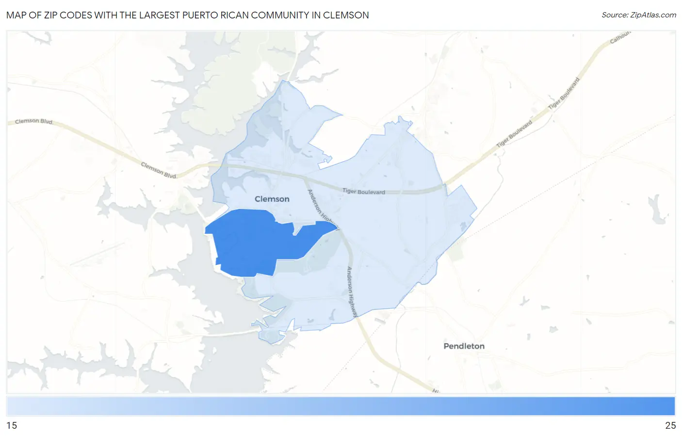 Zip Codes with the Largest Puerto Rican Community in Clemson Map