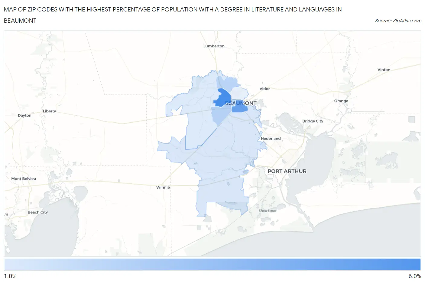 Zip Codes with the Highest Percentage of Population with a Degree in Literature and Languages in Beaumont Map