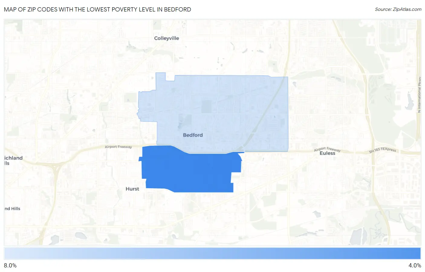 Zip Codes with the Lowest Poverty Level in Bedford Map