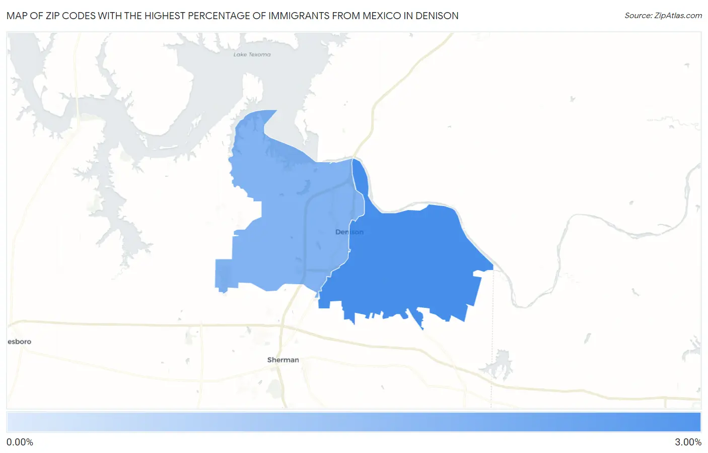 Zip Codes with the Highest Percentage of Immigrants from Mexico in Denison Map