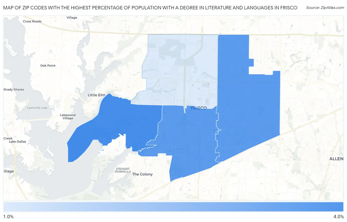 Zip Codes with the Highest Percentage of Population with a Degree in Literature and Languages in Frisco Map