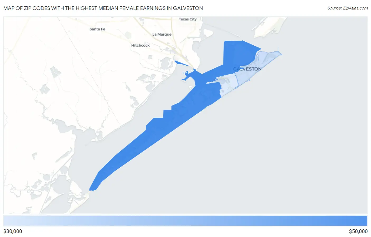 Zip Codes with the Highest Median Female Earnings in Galveston Map