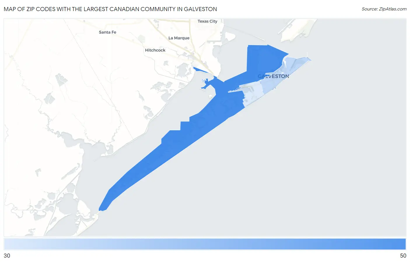 Zip Codes with the Largest Canadian Community in Galveston Map